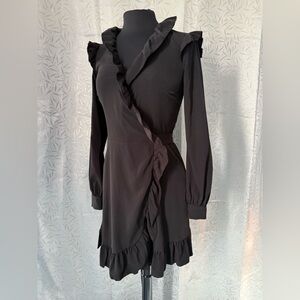 Michael Kors Black Long Sleeve Ruffle Wrap Dress